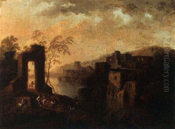 A River Landscape With Peasants Working Near A River, A Town Nearby - view 1