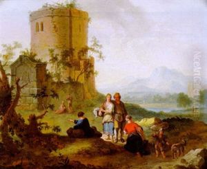 Rastende In Einer Gebirgigen Landschaft Mit Einer Turmruine by Franz de Paula Ferg