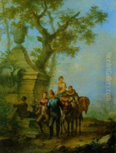 Bauernfamilie Mit Maultier Und Wanderer Vor Einem Denkmal