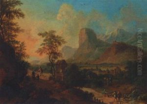 An Italianate Landscape With Figures On A Pass By A Shrine At Sunset