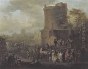 Auffuhrung Einer Stehgreifkomodie Wanderschauspieler Vor Einer Turmruine In Einer Landschaft by Franz de Paula Ferg