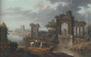 A River Landscape With Elegant Travellers On An Outcrop, Anglers On A Bank By A Ruin Beyond