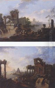 Mediterranean Coastal Landscape With Peasants And Travellers By Classical Ruins by Franz de Paula Ferg