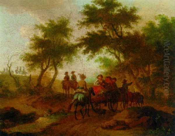 Travellers On Horseback With A Horse-drawn Cart Traversing A Wooded Track - view 1