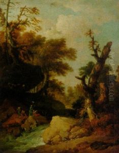 A Rocky River Landscape With Travellers Resting On A Bank