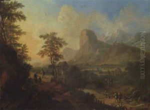 An Italianate Landscape With Figures On A Pass By A Shrine At Sunset