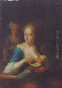 A Mother Feeding A Baby In An Interior, A Maid Beyond by Franz de Paula Ferg