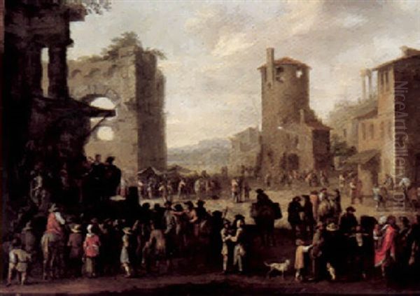A Market Place In A Village With Figures Conversing - view 1