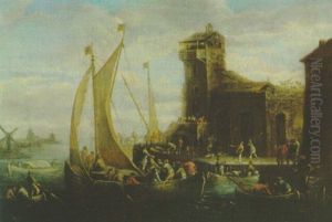 Seehafen Mit Segelbooten Und Vielen Figuren Seehafen Mit Segelbooten Und Vielen Figuren