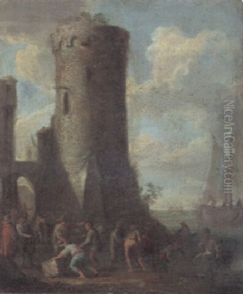 Figures On A Quay By Town Walls - view 1