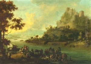 A River Landscape With Peasants Embarking On A Ferry, A Castle With A Hilltop Beyond