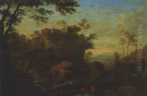 A Mountainous Landscape With Fishermen By A Waterfall - view 1