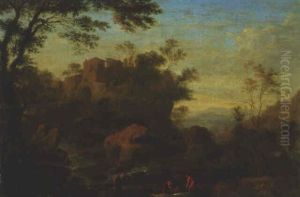 A Mountainous Landscape With Fishermen By A Waterfall A Mountainous Landscape With Fishermen By A Waterfall