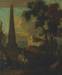 Landscape With Peasants And Travellers Resting By Classical Monument by Franz de Paula Ferg