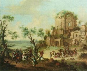 A Cavalry Skirmish In A Landscape With Ruins by Franz de Paula Ferg