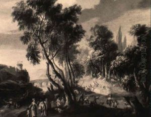 Bewaldete Fluslandschaft Mit Vielen Figuren by Franz de Paula Ferg