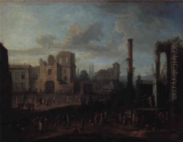 Townsfolk And An Open Air Theatre In An Italian Piazza - view 1