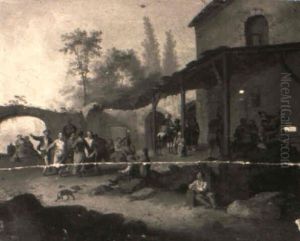 Peasants Dancing, Drinking And Carousing In A Rustic Courtyard by Franz de Paula Ferg