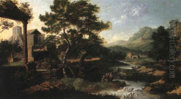 An Extensive Landscape With Figures Conversing On A River Bank - view 1