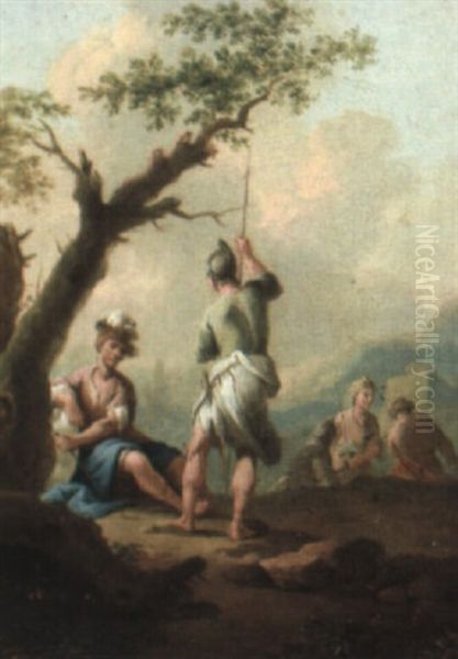 Hilly Landscape With Figures And Soldiers Resting Beside A Tree - view 1