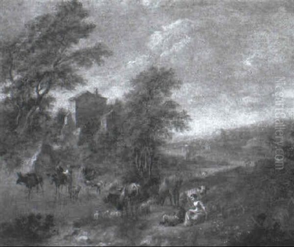A River Landscape With Herdsmen Watering Their Livestock At A Ford - view 1