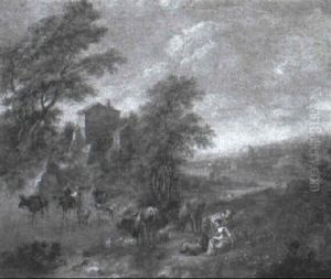 A River Landscape With Herdsmen Watering Their Livestock At A Ford by Franz de Paula Ferg
