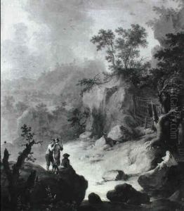 A Rocky River Landscape With Youths Observing A Hermit by Franz de Paula Ferg