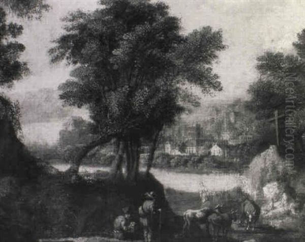 A Wooded River Landscape With Drovers And Cattle On A Track, A Village Beyond - view 1