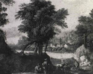A Wooded River Landscape With Drovers And Cattle On A Track, A Village Beyond by Franz de Paula Ferg