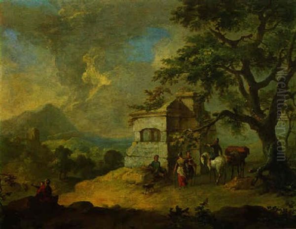 Gebirgslandschaft Mit Rastenden Vor Einer Ruine - view 1