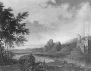 A River Landscape With Moored Barges, Peasants On A Bank by Franz de Paula Ferg