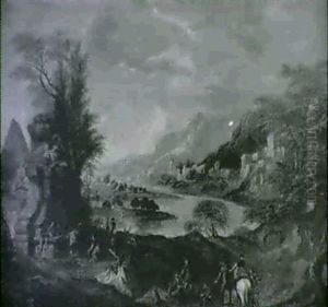 Gebirgige Flusslandschaft Mit Rastenden An Einem Von Der    Figur Des Chronos Gekronten Steinernen Brunnen by Franz de Paula Ferg