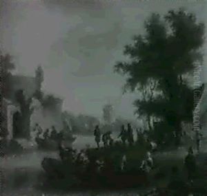 Peasants Gathered On A River Bank Where A Ferry Pushes Off  Towards A Facing Quay