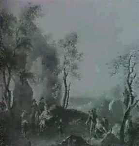 Riders Gathered By A Roadside Stop With Classical  Ruins... Travellers Gathered Beside A Wall... by Franz de Paula Ferg
