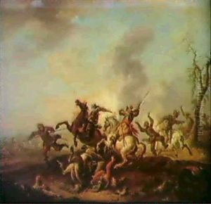 A Battle Scene With Foot Soldiers Under Fire From Cavalry Troops by Franz de Paula Ferg