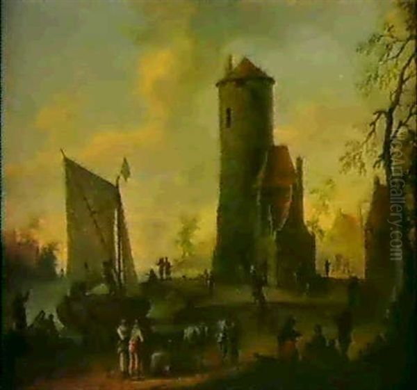 Flusslandschaft Mit Einem Turm Und Bauern - view 1