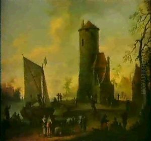 Flusslandschaft Mit Einem Turm Und Bauern Flusslandschaft Mit Einem Turm Und Bauern