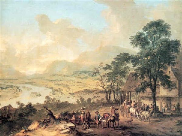 Travellers Resting Before An Inn On A Hill In An Extensive Mountainous River Landscape - view 1