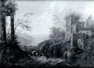 Extensive River Landscape Withfigures Among Classical Ruins by Franz de Paula Ferg