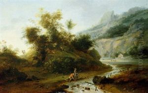 Travellers Resting By A Stream In A Mountainous Landscape