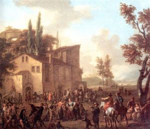 Ein Dorfplatz Mit Vielen Bauern Und Blick In Eine Gebirgige Landschaft by Franz de Paula Ferg