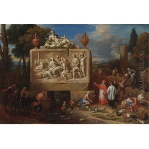 Saint Charles Borromeo Performing Charitable Acts In A Landscape With Ruins by Henry A. Ferguson