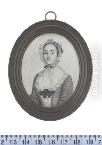 A Lady, Wearing Dress, Her White Lace-edged Fichu Secured At Her Bodice With A Black Ribbon Bow, Her Matching Bonnet Tied Beneath Her Chin With Black Ribbon - view 1