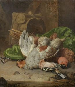 A Still Life Of A Partridge, Hoopoe And Bullfinch Beside A Green Velvet Game Bag And A Stone Capital A Still Life Of A Partridge, Hoopoe And Bullfinch Beside A Green Velvet Game Bag And A Stone Capital