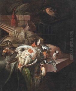 A Partridge, Bullfinches And Other Birds, With Hunting Paraphernalia, On A Partially Draped Stone Ledge by William Gowe Ferguson