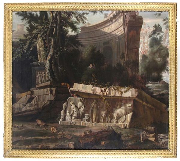 Rustics Amongst Roman Ruins And A Bas Relief Mausoleum, A Hilltop Town Beyond - view 1