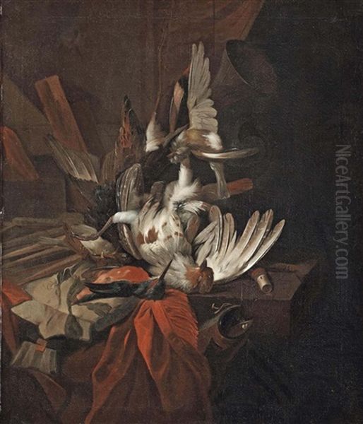 A Partridge, A Kingfisher, A Finch And Other Birds Hanging From A Suspension, With Hunting Paraphanelia, On A Partially Draped Stone Ledge - view 1