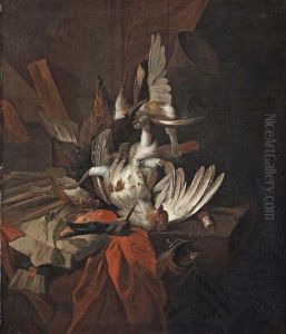 A Partridge, A Kingfisher, A Finch And Other Birds Hanging From A Suspension, With Hunting Paraphanelia, On A Partially Draped Stone Ledge by William Gowe Ferguson