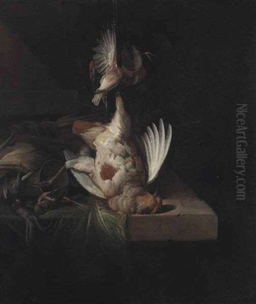 A Partridge And Other Birds Suspended Over A Draped Stone Ledge Along With Hunting Paraphernalia And Small Birds - view 1