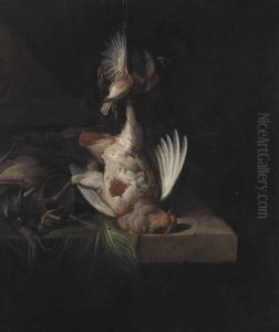 A Partridge And Other Birds Suspended Over A Draped Stone Ledge Along With Hunting Paraphernalia And Small Birds A Partridge And Other Birds Suspended Over A Draped Stone Ledge Along With Hunting Paraphernalia And Small Birds